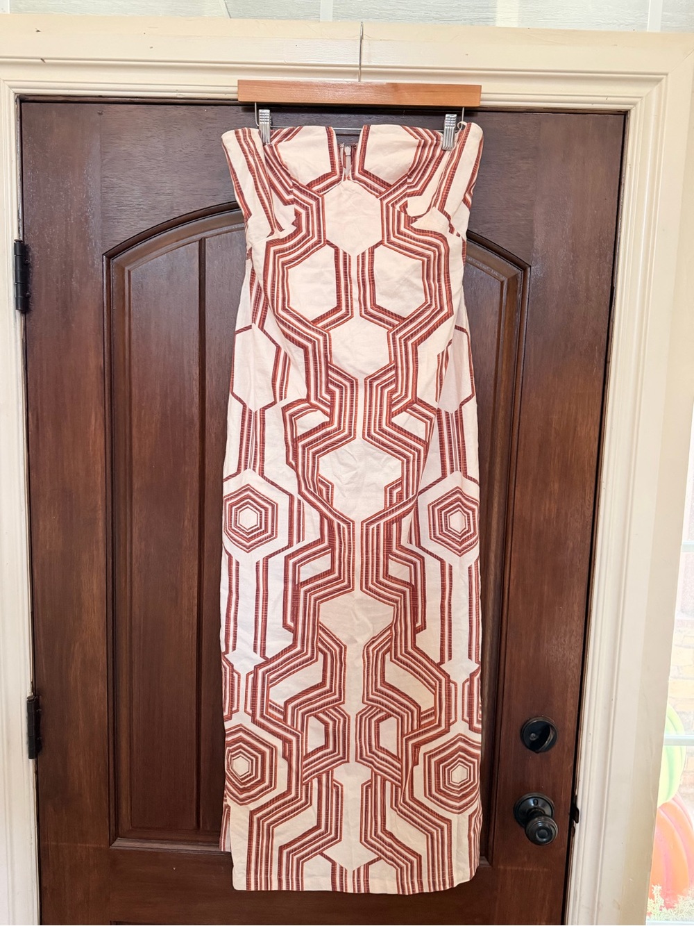 Anthropologie Strapless Cream Dress with Rust Geometric Print